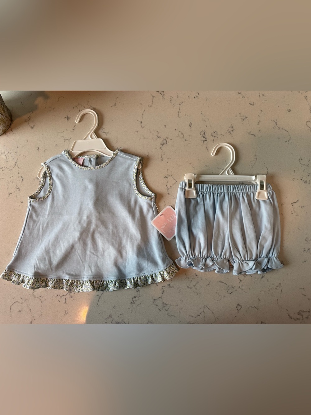 Petit Bebe Girls Light Blue Top with Liberty of London Green Floral Accent